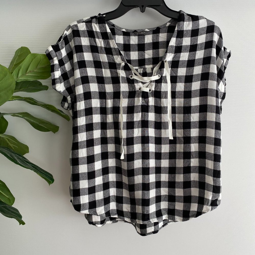 Eddie Bauer Shirt Womens Large Black White Buffalo Check Flannel Short *READ